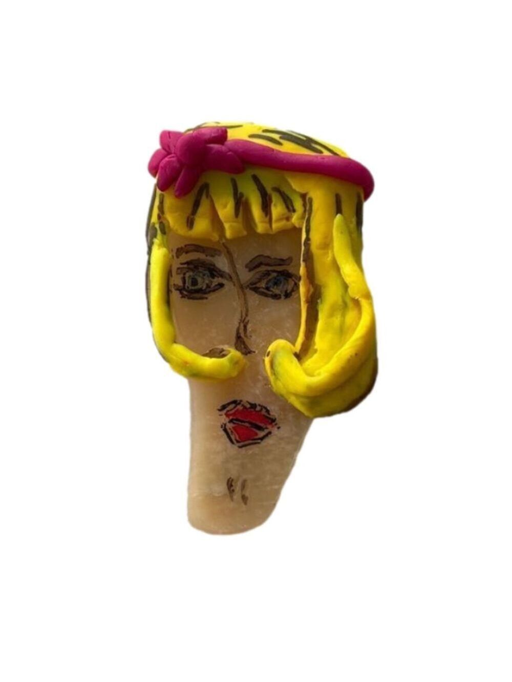 POLYMER Clay Necklace, Hand formed and painted face. Brown Nylon cord, 17 inches